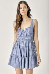 Boho Blue Side Tassel Strap Tiered Polka Dot Mini Dress, Mustard Seed, $ 49.95