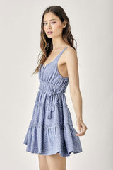 Boho Blue Side Tassel Strap Tiered Polka Dot Mini Dress, Mustard Seed, $ 49.95