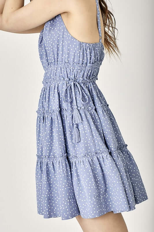 Boho Blue Side Tassel Strap Tiered Polka Dot Mini Dress, Mustard Seed, $ 49.95