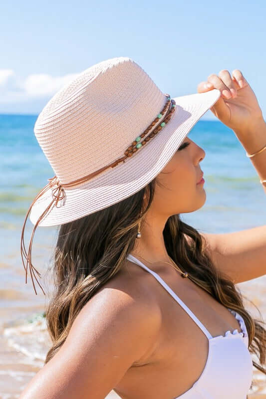 Beaded Belt Straw Panama Fedora Hat - Elegant Style, Fedora Hats, $ 29.00, A Moment Of Now™