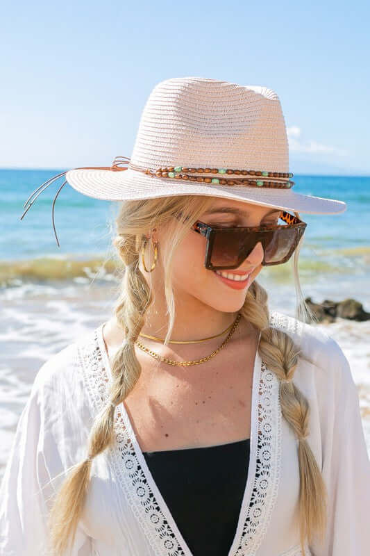 Beaded Belt Straw Panama Fedora Hat - Elegant Style, Fedora Hats, $ 29.00, A Moment Of Now™