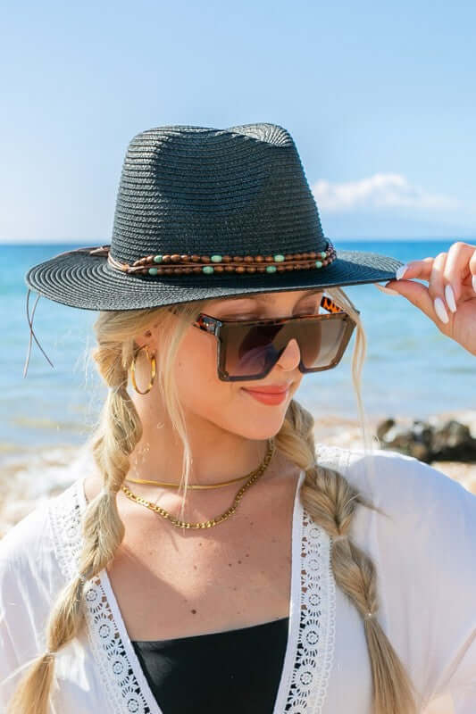 Beaded Belt Straw Panama Fedora Hat - Elegant Style, Fedora Hats, $ 29.00, A Moment Of Now™