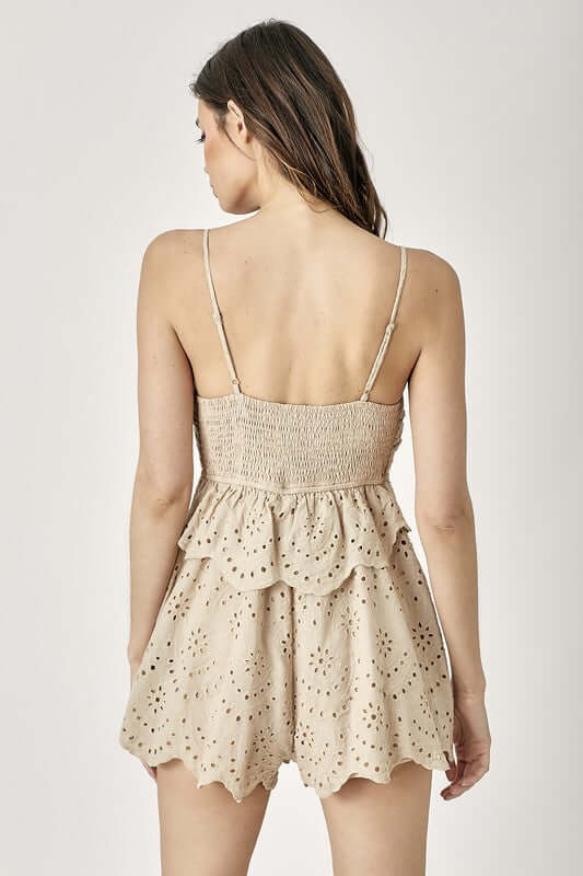 Beige Scallop Edge Front Tie-Up Romper, Rompers, $ 65.00, A Moment Of Now™