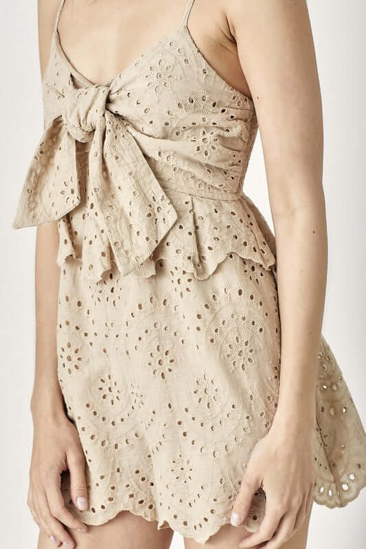 Beige Scallop Edge Front Tie-Up Romper, Rompers, $ 65.00, A Moment Of Now™