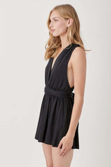 Women's Black Halter Neck Waist Banded Knit Romper | USA Boutique, Mustard Seed, $ 55.00