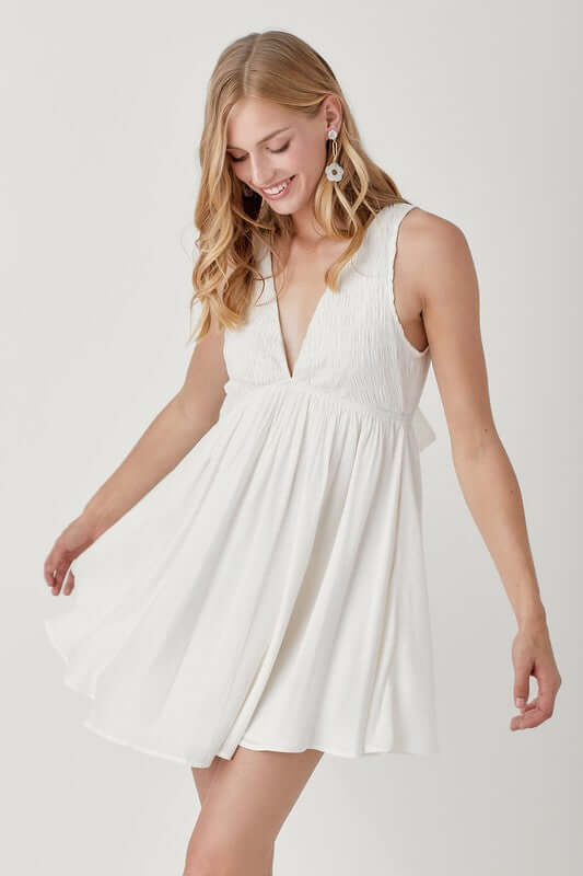 Cream White V Neck Smock Sleeveless Mini Dress, Mustard Seed, $ 66.95