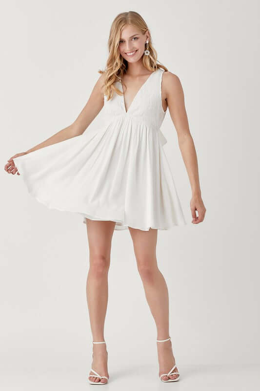 Cream White V Neck Smock Sleeveless Mini Dress, Mustard Seed, $ 66.95