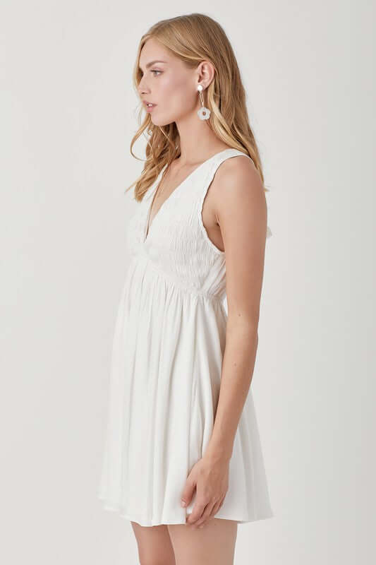 Cream White V Neck Smock Sleeveless Mini Dress, Mustard Seed, $ 66.95