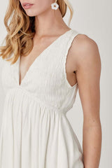 Cream White V Neck Smock Sleeveless Mini Dress, Mustard Seed, $ 66.95