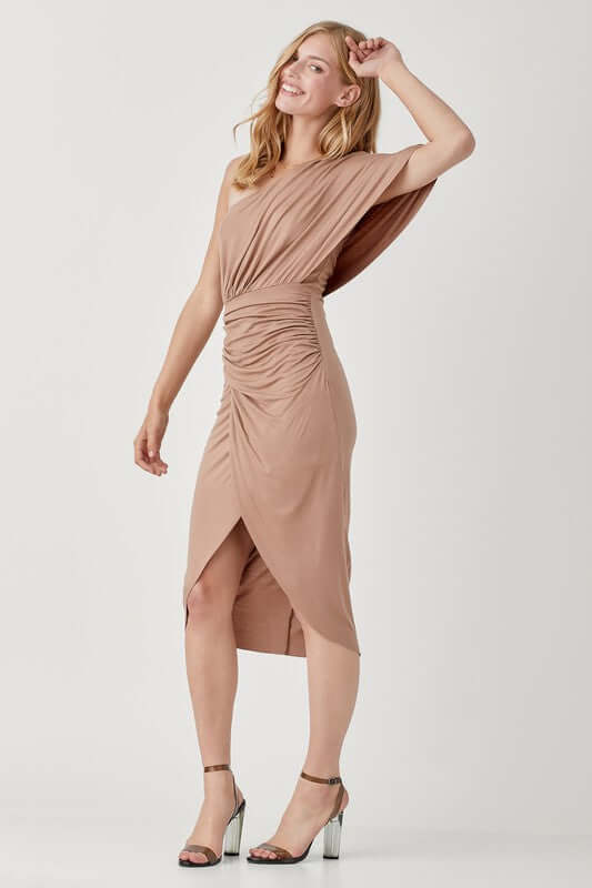 One Shoulder Drape Jersey Party Dress, Mustard Seed, $ 51.95