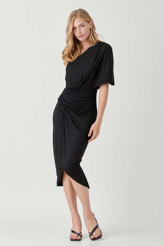 One Shoulder Drape Jersey Party Dress, Mustard Seed, $ 51.95