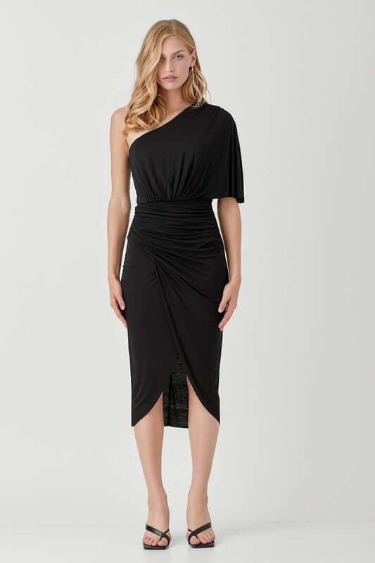 One Shoulder Drape Jersey Party Dress, Mustard Seed, $ 51.95