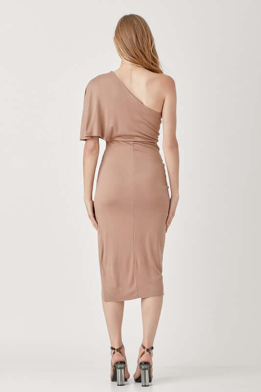 One Shoulder Drape Jersey Party Dress, Mustard Seed, $ 51.95