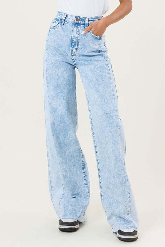 Blue Acid Wash High-Rise Color Block Wide Leg Jeans, Vibrant M.i.U, $ 71.95