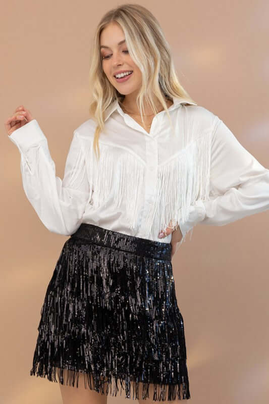 Western Satin Shirt Blouse with Chevron Fringe, Blue B, $ 60.95