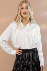 Western Satin Shirt Blouse with Chevron Fringe, Blue B, $ 60.95