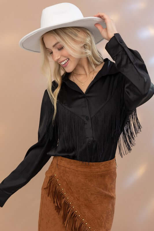 Western Satin Shirt Blouse with Chevron Fringe, Blue B, $ 60.95