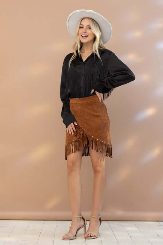 Western Satin Shirt Blouse with Chevron Fringe, Blue B, $ 60.95