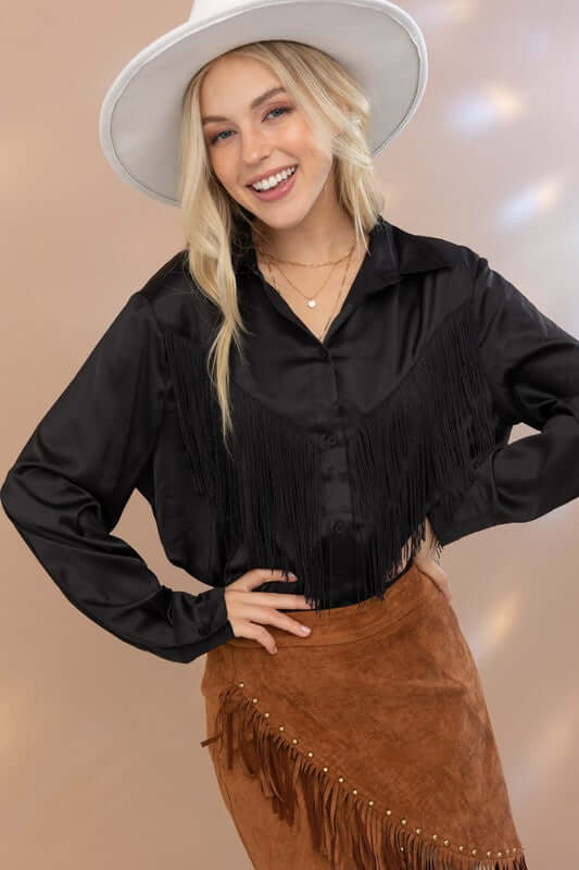 Western Satin Shirt Blouse with Chevron Fringe, Blue B, $ 60.95