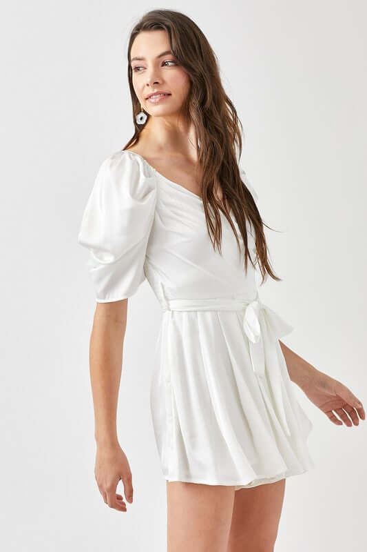 Women's Off White Pleated Puff Sleeve Overwrap Romper | USA Boutique, Mustard Seed, $ 65.00