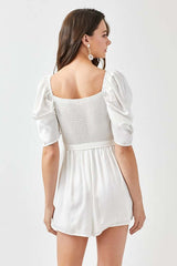 Women's Off White Pleated Puff Sleeve Overwrap Romper | USA Boutique, Mustard Seed, $ 65.00