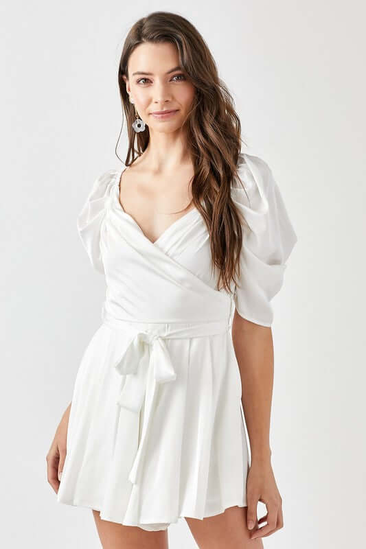 Women's Off White Pleated Puff Sleeve Overwrap Romper | USA Boutique, Mustard Seed, $ 65.00