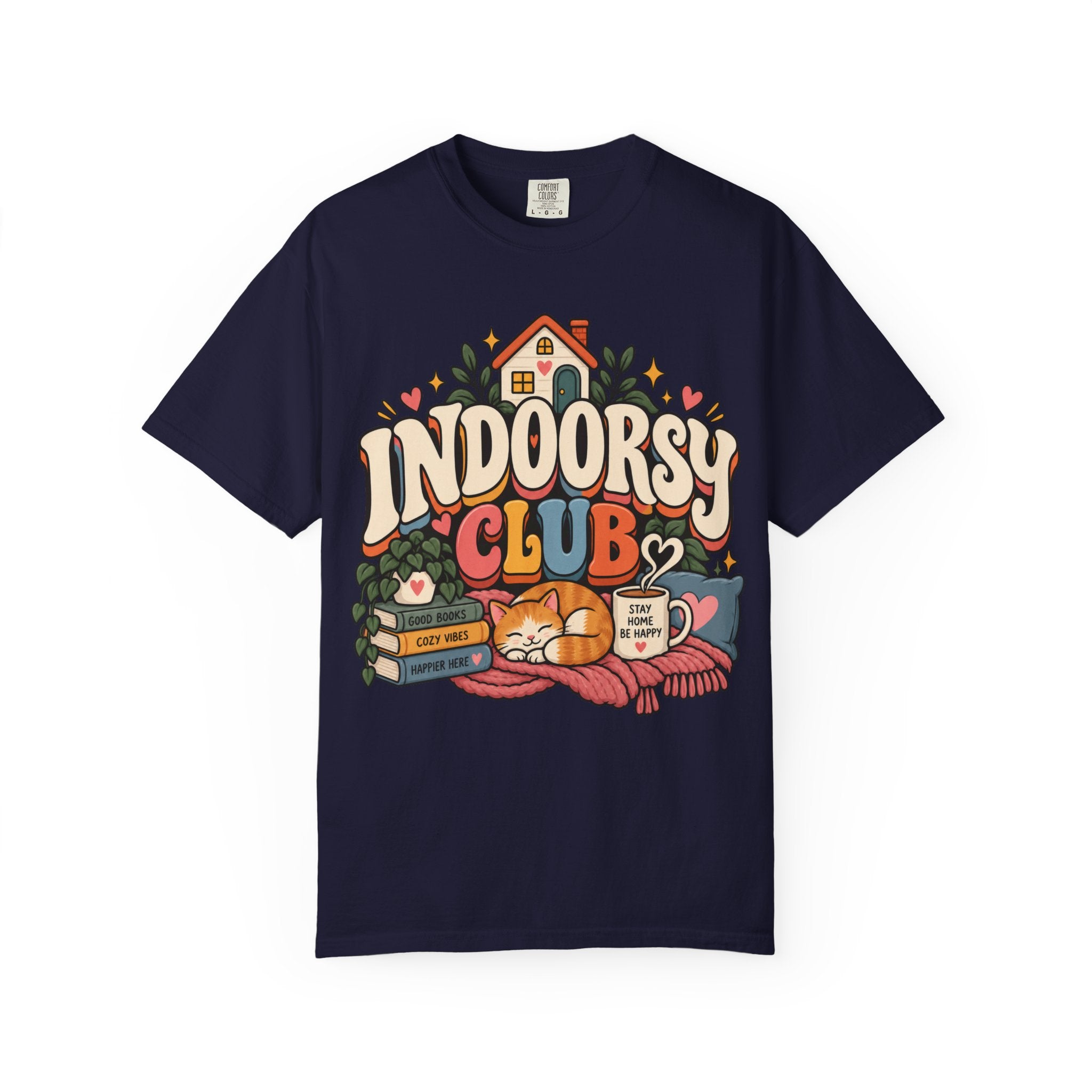 Indoorsy Club T-Shirt — Cozy Homebody Graphic Tee (Cat, Books, Tea) - t-shirt product image 10