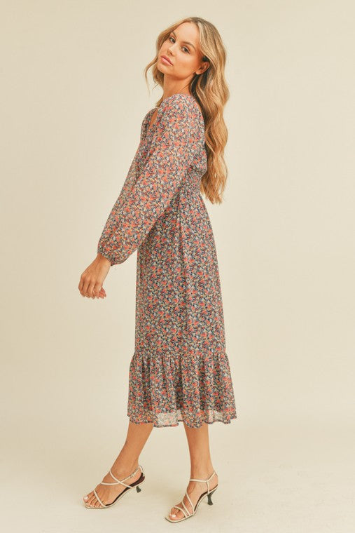 Navy Red Floral Print Long Sleeve Midi Dress