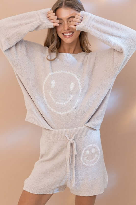 Cozy Soft Smiley Face Top with Shorts Loungewear Set, Blue B, $ 65.95