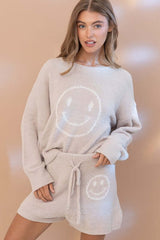 Cozy Soft Smiley Face Top with Shorts Loungewear Set, Blue B, $ 65.95