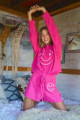 Cozy Soft Smiley Face Top with Shorts Loungewear Set, Blue B, $ 65.95