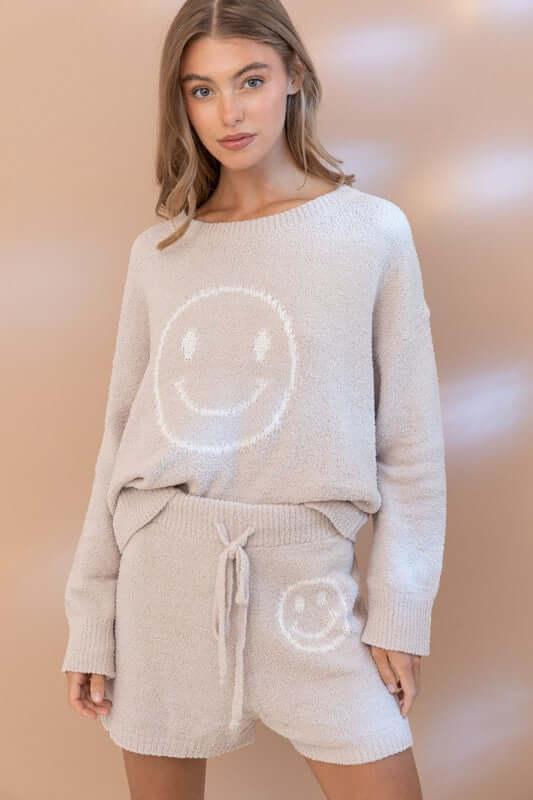 Cozy Soft Smiley Face Top with Shorts Loungewear Set, Blue B, $ 65.95