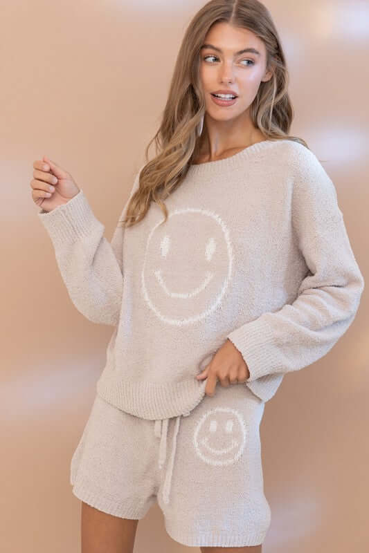 Cozy Soft Smiley Face Top with Shorts Loungewear Set, Blue B, $ 65.95