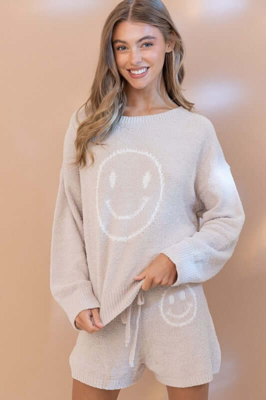 Cozy Soft Smiley Face Top with Shorts Loungewear Set, Blue B, $ 65.95