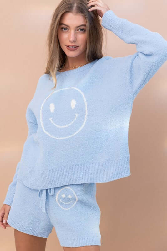 Cozy Soft Smiley Face Top with Shorts Loungewear Set, Blue B, $ 65.95