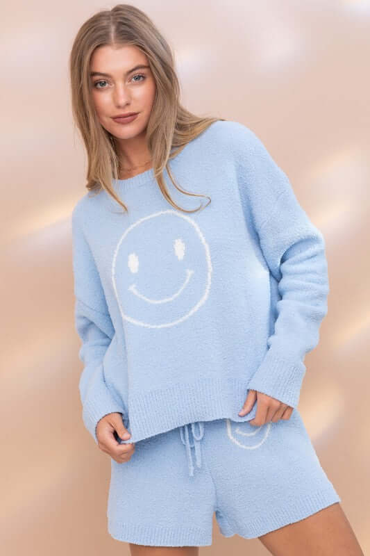 Cozy Soft Smiley Face Top with Shorts Loungewear Set, Blue B, $ 65.95