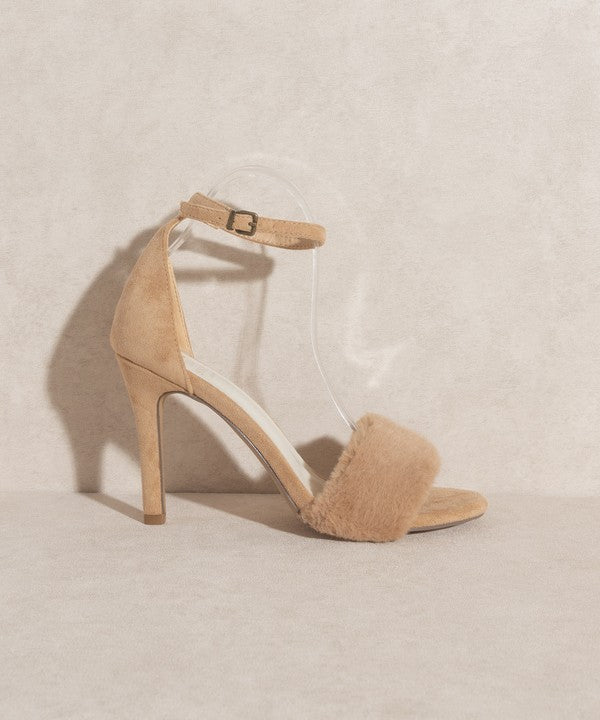 Shop Women's Almond Fuzzy Feather Heels | Boutique Clothing & Shoes, Heeled Sandals, USA Boutique