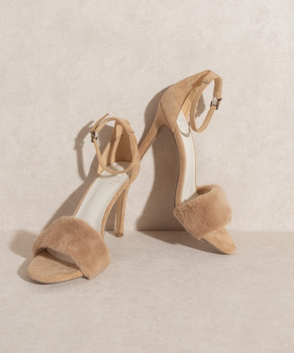 Shop Women's Almond Fuzzy Feather Heels | Boutique Clothing & Shoes, Heeled Sandals, USA Boutique