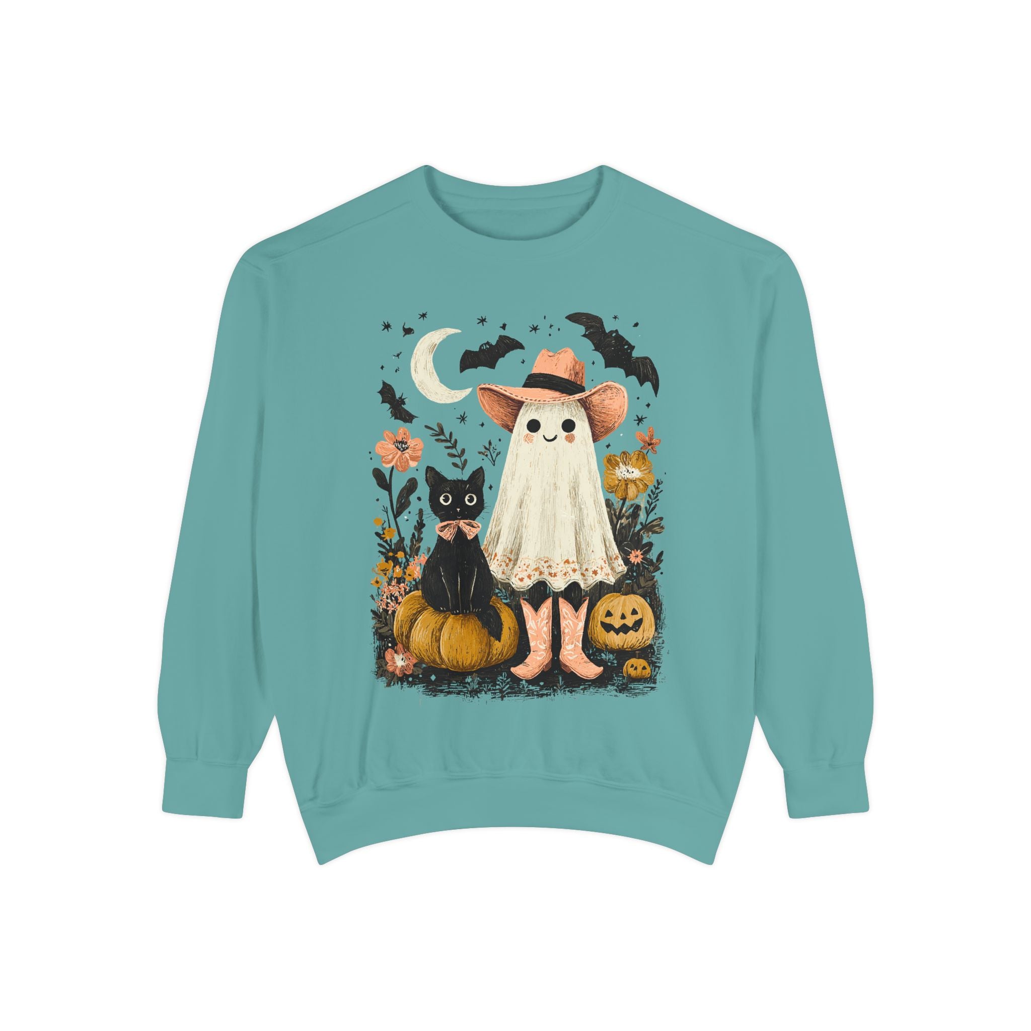 Halloween Ghost Costume Sweatshirt — Cute Ghost, Black Cat & Pumpkins Fall Pullover - sweatshirt product image 9