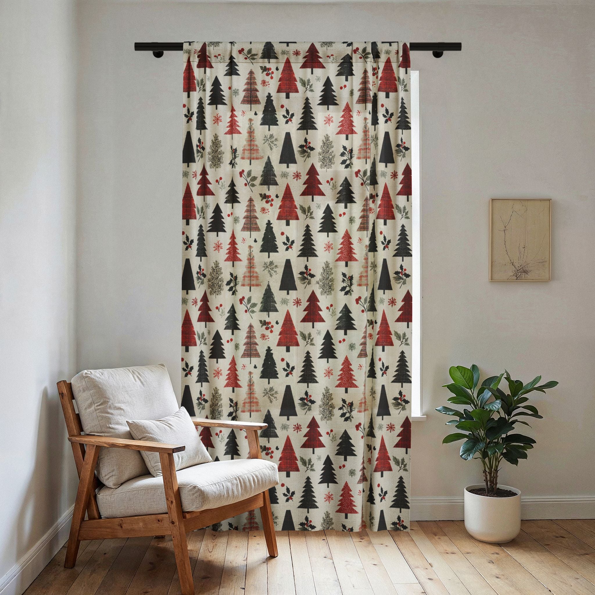 Christmas woodland sheer curtain panel with Scandinavian pine trees on a warm ivory background