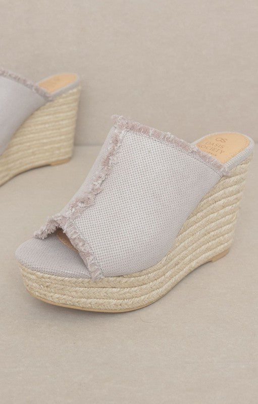 Shop OASIS SOCIETY Bliss - Womens Light Grey Distressed Linen Wedge Sandals, Wedges, USA Boutique