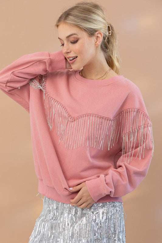 Mauve Western Rhinestone Fringe Pullover Top