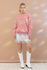 Mauve Western Rhinestone Fringe Pullover Top