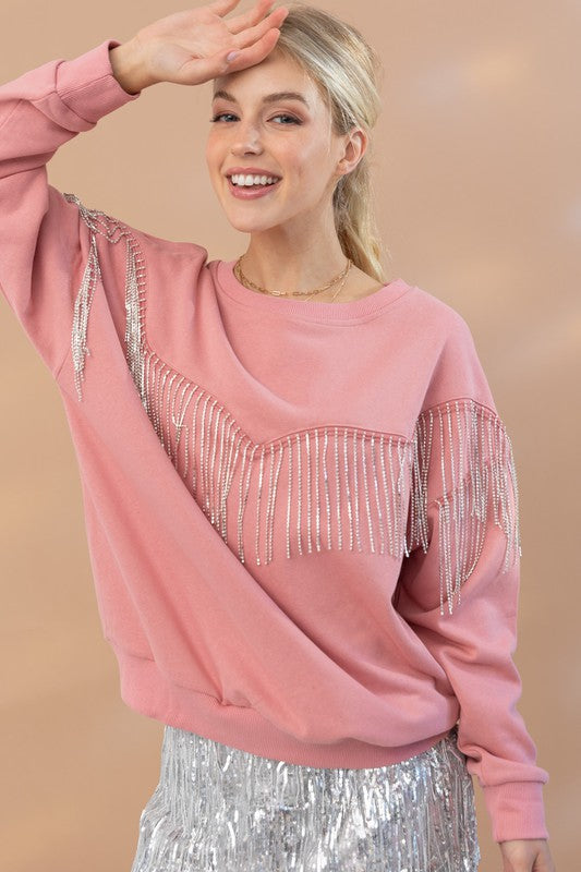 Mauve Western Rhinestone Fringe Pullover Top