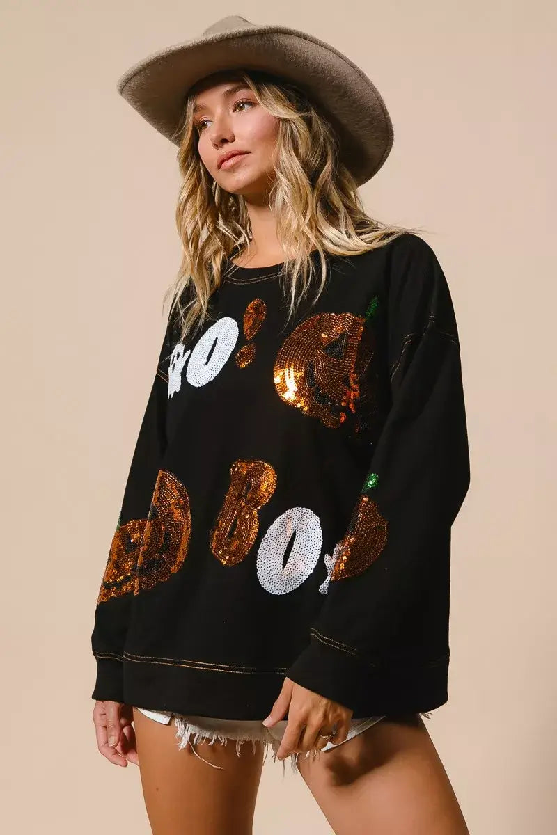 Black Halloween Sequin Embroidery Sweatshirt, Sweatshirts, $ 62.00, A Moment Of Now™