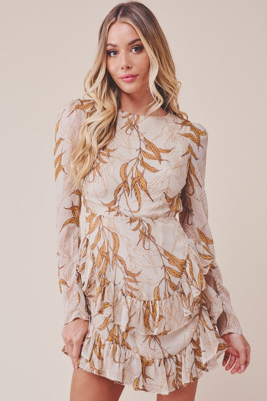 Beige Printed Ruffle Long-Sleeved Tiered Mini Dress