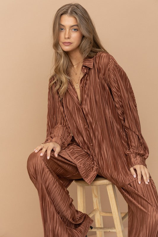 Pleated Blouse and Pants Set