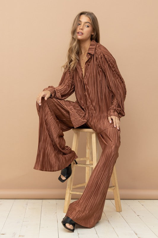 Pleated Blouse and Pants Set