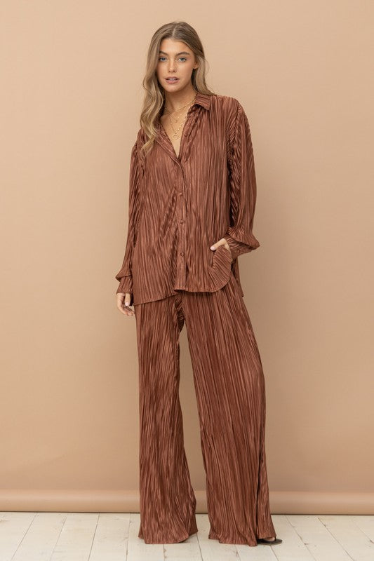 Pleated Blouse and Pants Set