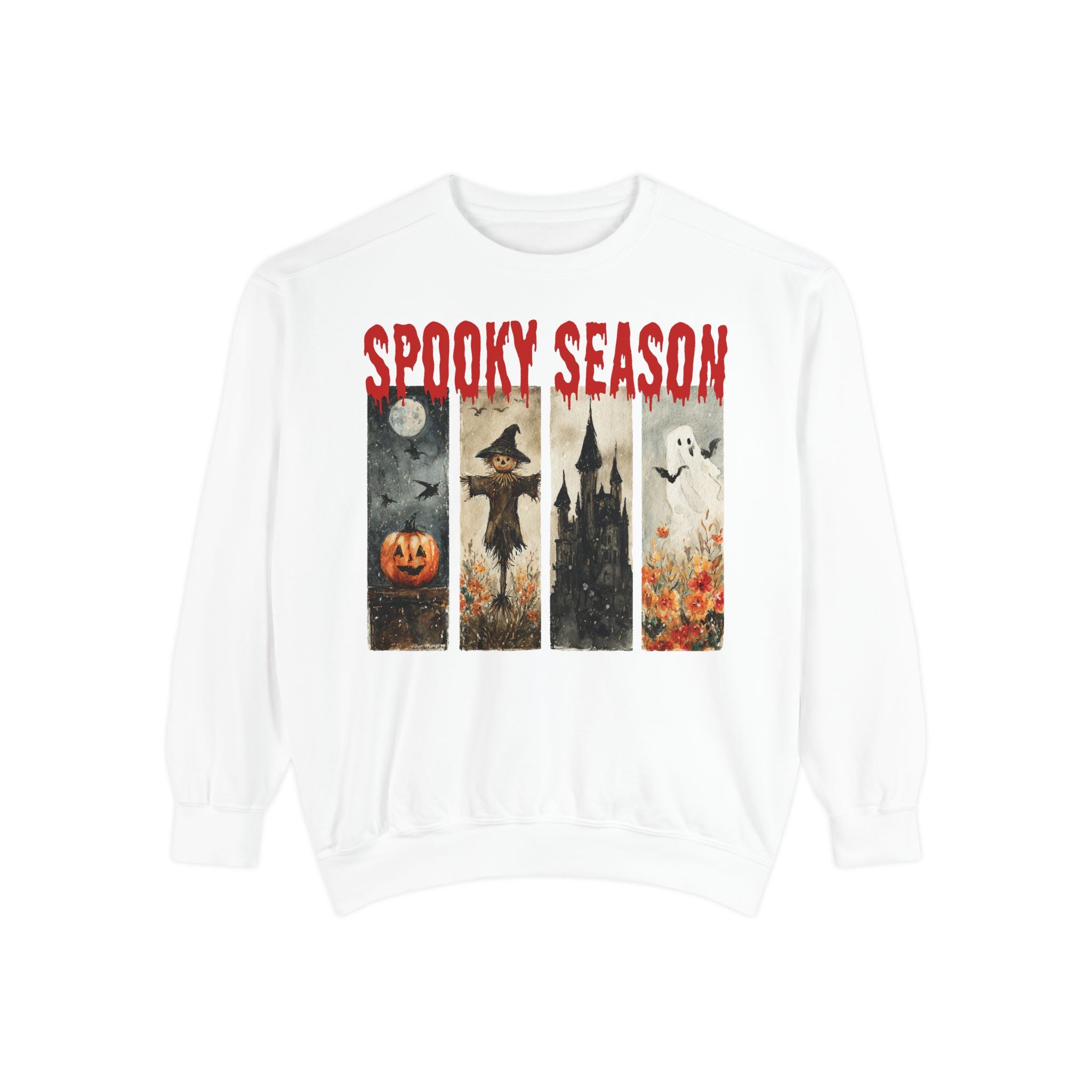 Spooky Season Halloween sweatshirt with vintage pumpkin, witch and ghost graphic